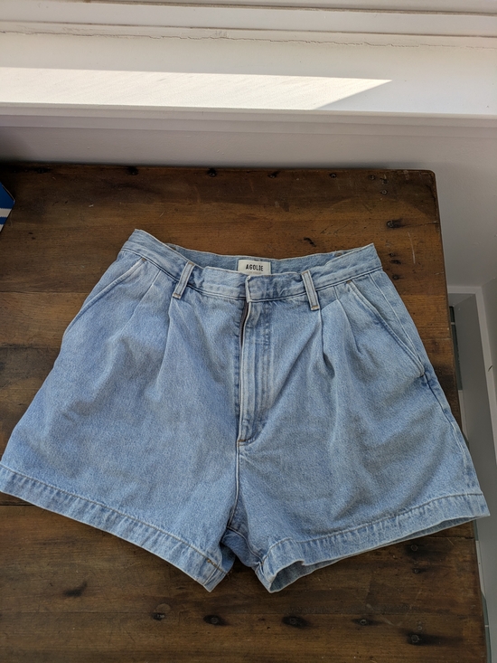 Agolde Pants - Agolde Washed Light Blue High-Rise Pleated Denim Shorts
